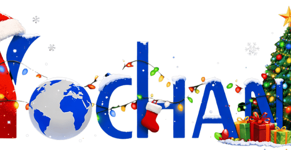 Yochana logo with a festive Christmas theme, featuring a Santa cap on the letter Y, holiday lights, snow accents, and seasonal decorations.