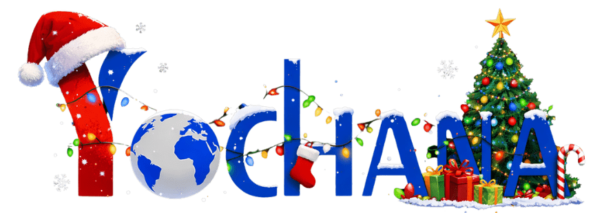 Yochana logo with a festive Christmas theme, featuring a Santa cap on the letter Y, holiday lights, snow accents, and seasonal decorations.