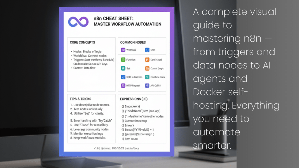 A complete visual guide to mastering n8n — from triggers and data nodes to AI agents and Docker self-hosting. Everything you need to automate smarter.