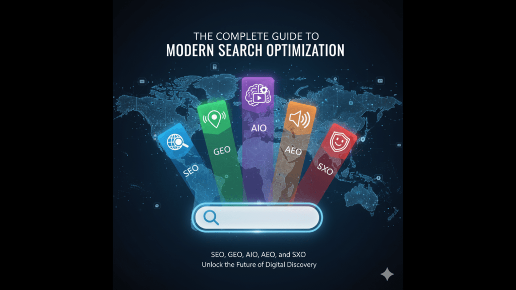 The Complete Guide to Modern Search Optimization: SEO, GEO, AIO, AEO, and SXO