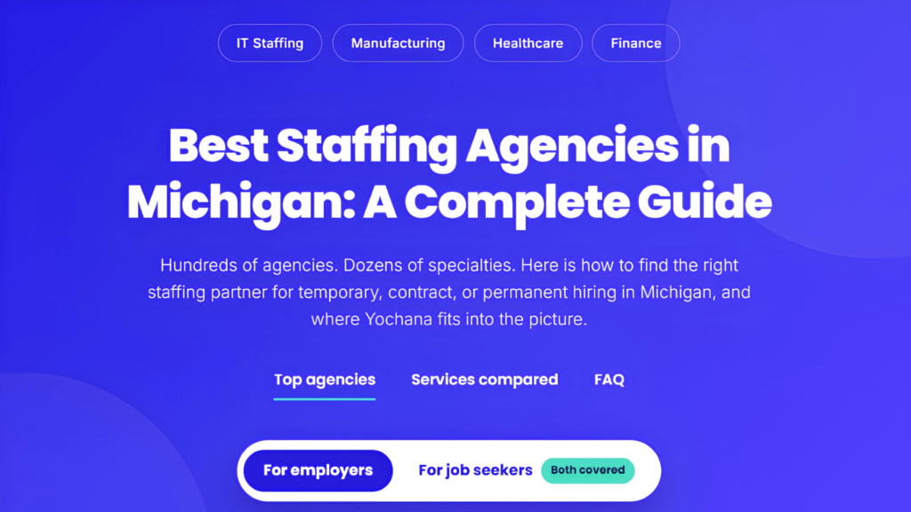 Blue hero banner for Michigan staffing agencies guide featuring Yochana
